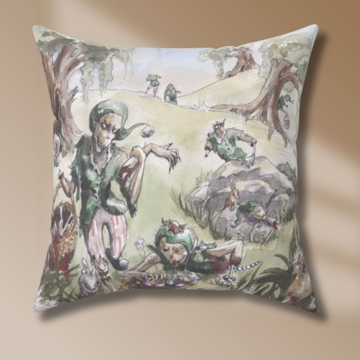 Zombie elves hunting for Easter eggs in April, hand-painted on a pillow