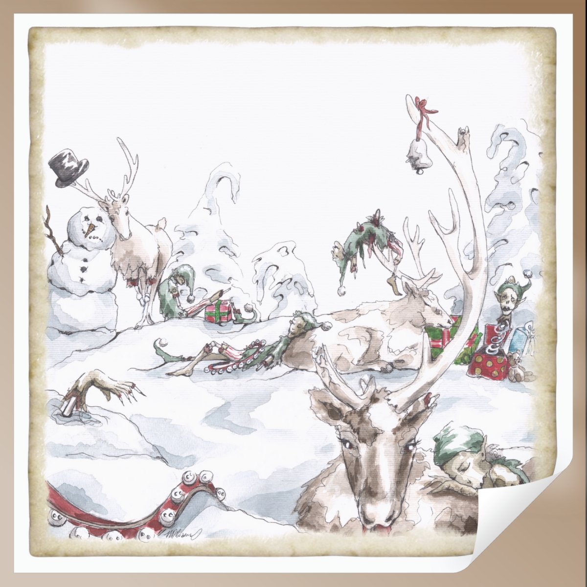 Zombie elves and reindeer lying in mystical snow, exhausted in January hand-painted on a Christmas ornament