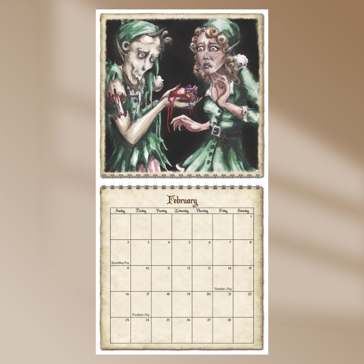 Male zombie elf literally handing his heart to a female elf on Valentine's Day hand-painted on a calendar page